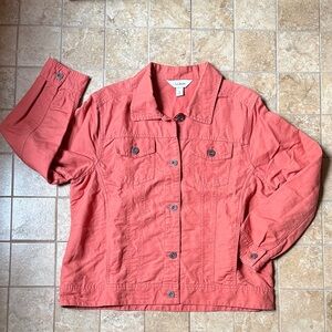 LL Bean Linen Cotton Trucker Jacket Shacket Salmon Coral Pink Pockets Buttons M